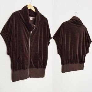 Juicy Couture Short Sleeve Velour Jacket L Vest Zip Dolman Cowl Neck Brown Y2K